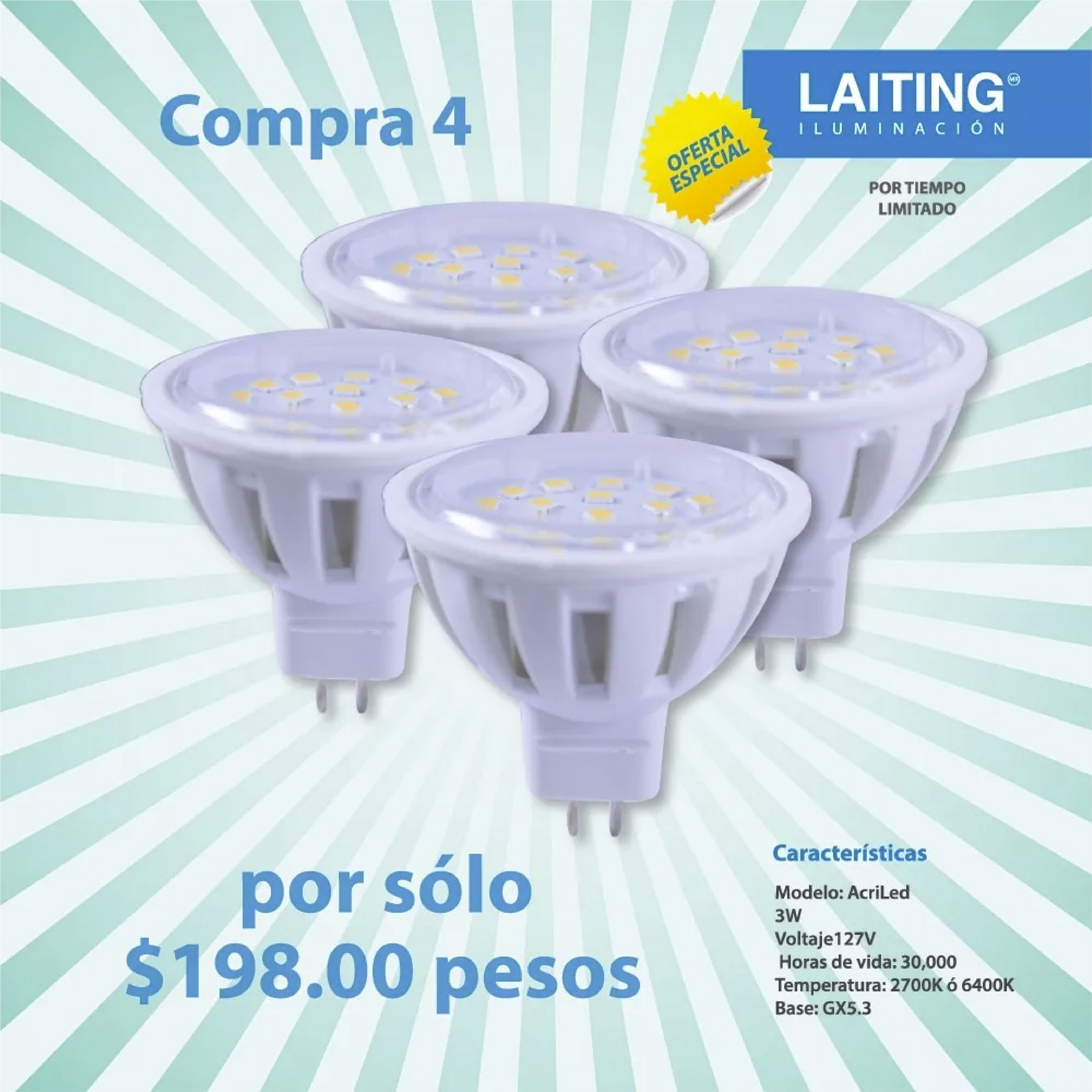 Paquete Promo 4 Focos Marca Laiting Mod. Mr16